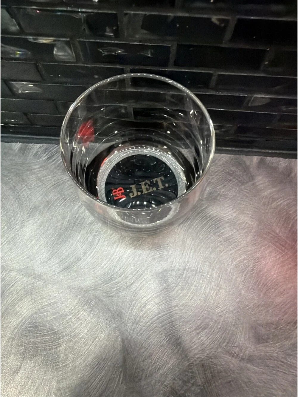 J & B J.E.T.  SCOTCH WHISKY  BLACK BOTTOM LOGO DRINKING GLASS 3.25